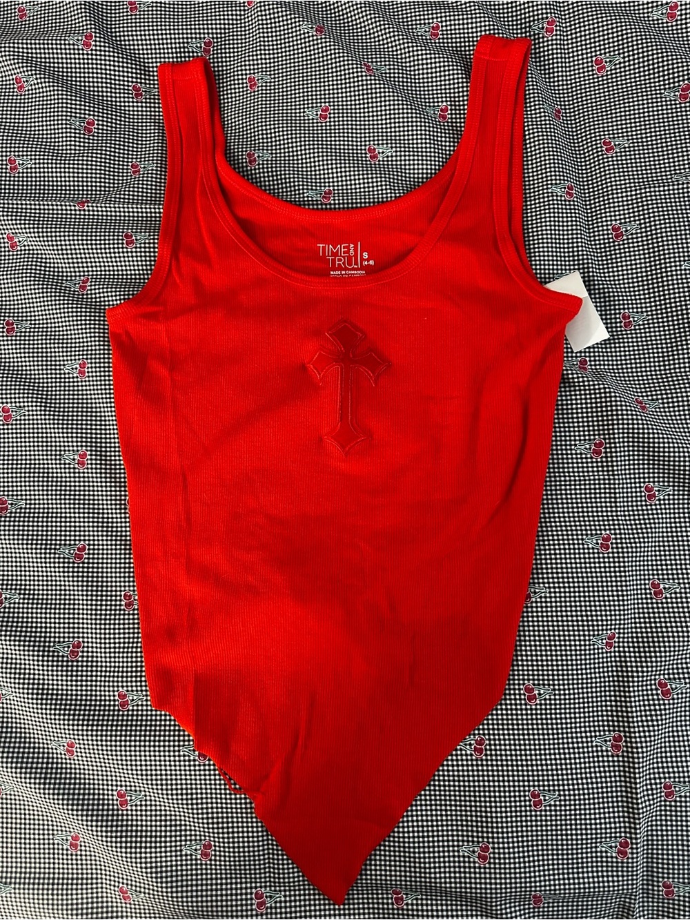 Time and Tru Red Ribbed Cross-Detail Tank Bodysuit